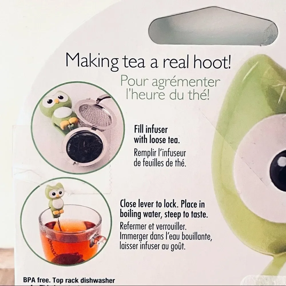 NWT JOIE Hoot stainless steel green white Owl Tea cup Infuser